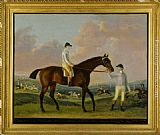 Portrait of Henry Comptons Race Horse Cottager Held by a Groom with Jockey and a Race Beyond by Francis Sartorius
